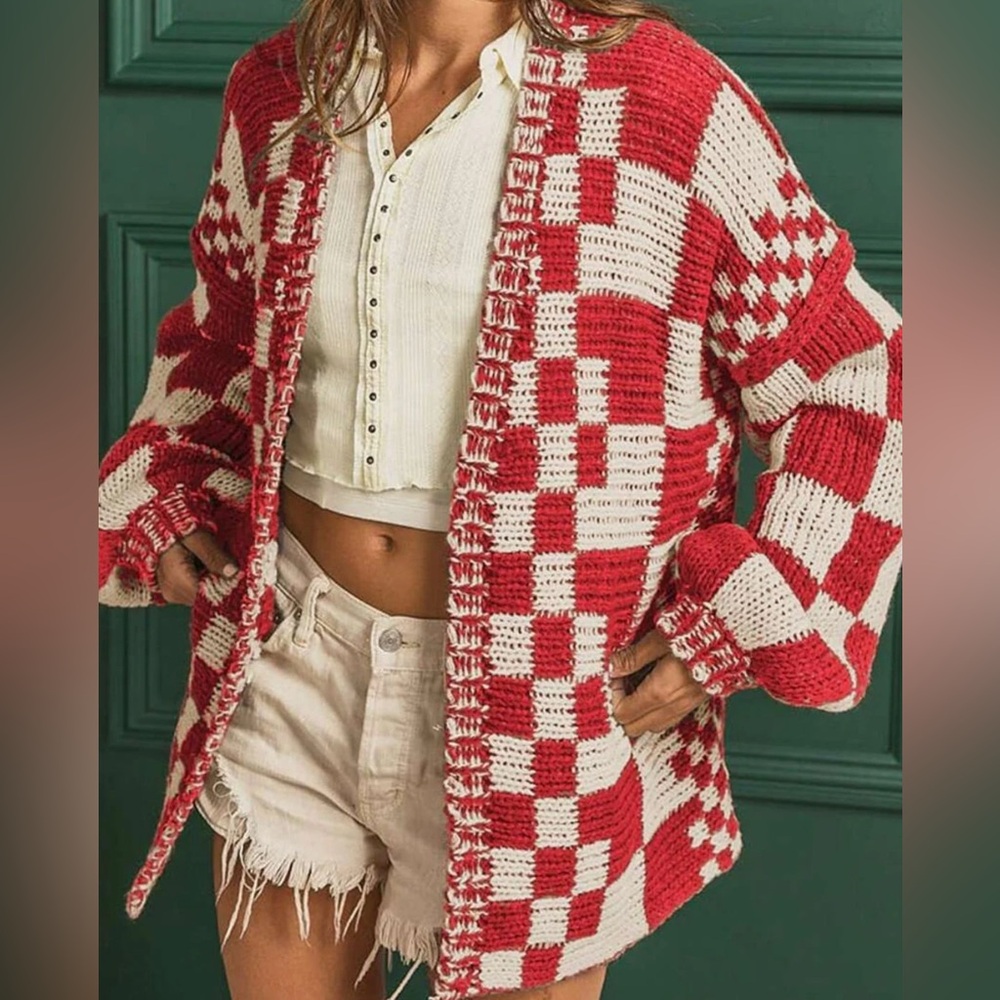 Charming Charlie Red and White Oversized Checkered Women's Sweater